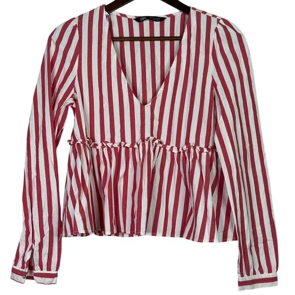 Zara striped Long Sleeve Peplum Fitted Bodice Lightweight Blouse S Red White - Picture 12 of 15